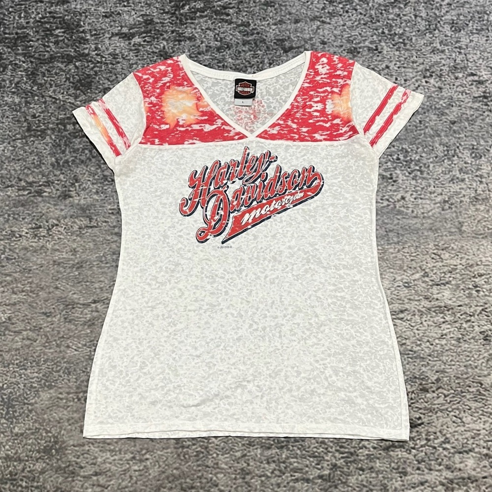 Harley Davidson V-Neck Top Womens‎ Large White Red Logo Bikercore 2013